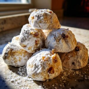 A close-up pile of powdered Mexican wedding cookies with visible nuts.