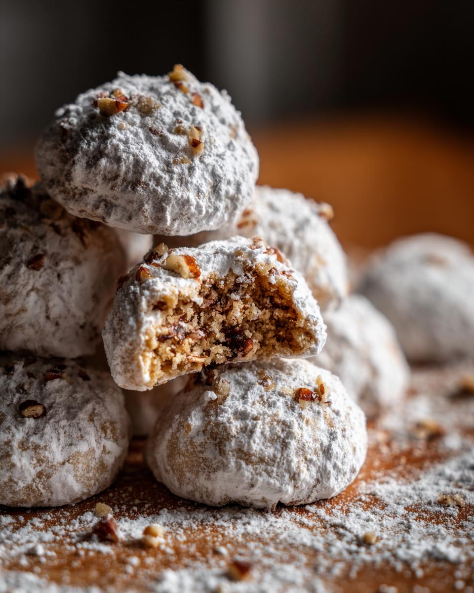 A stack of melt-in-your-mouth Mexican Wedding Cookies, dusted with powdered sugar and topped with chopped nuts. One cookie is broken open to show the texture.