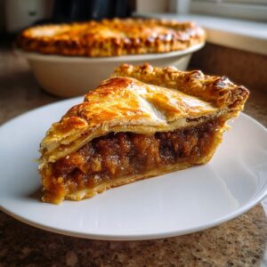 A close-up of a slice of Grandma's Amazing Mincemeat Pie, showcasing its flaky crust and rich filling.