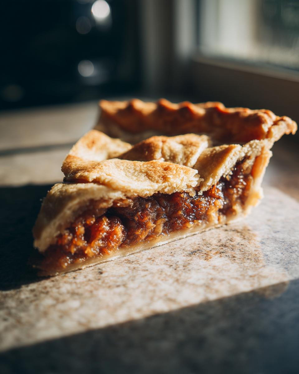 A close-up of a slice of traditional mincemeat pie with a golden crust and rich filling.