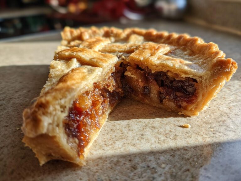 Close-up of a slice of mincemeat pie, showing a golden lattice crust and rich, dark fruit filling.