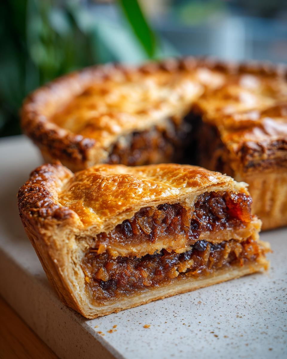 A close-up of a slice of Grandma's Amazing Mincemeat Pie, showing its rich, layered filling and golden crust.