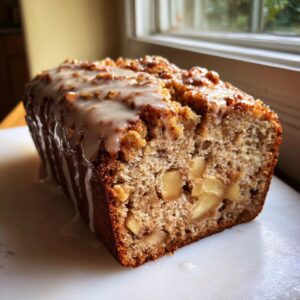 A close-up of a freshly baked apple bread loaf, drizzled with white glaze and showing chunks of baked apple inside.
