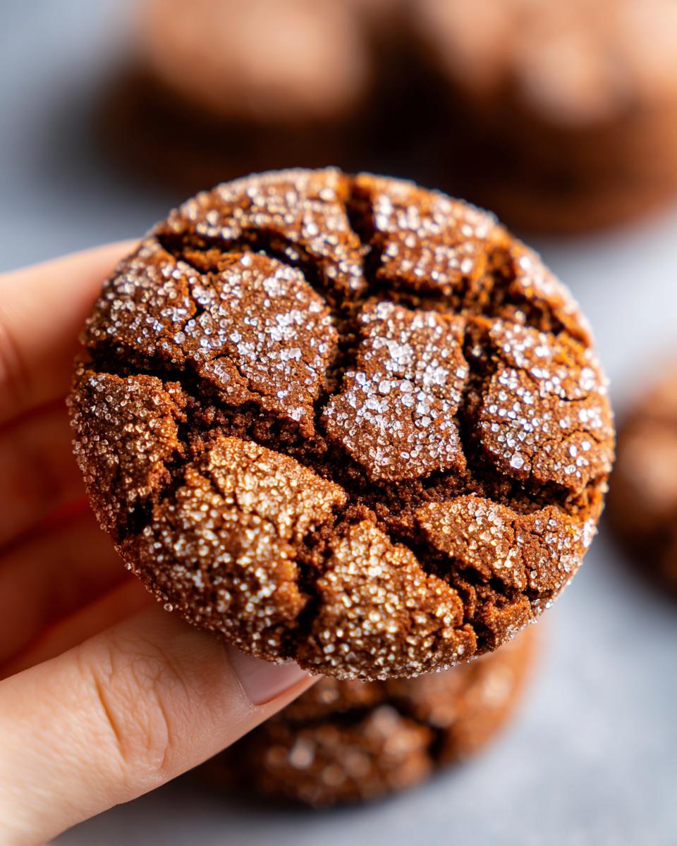 A hand holds a delicious molasses cookie, coated in sparkling sugar crystals, with a cracked surface.