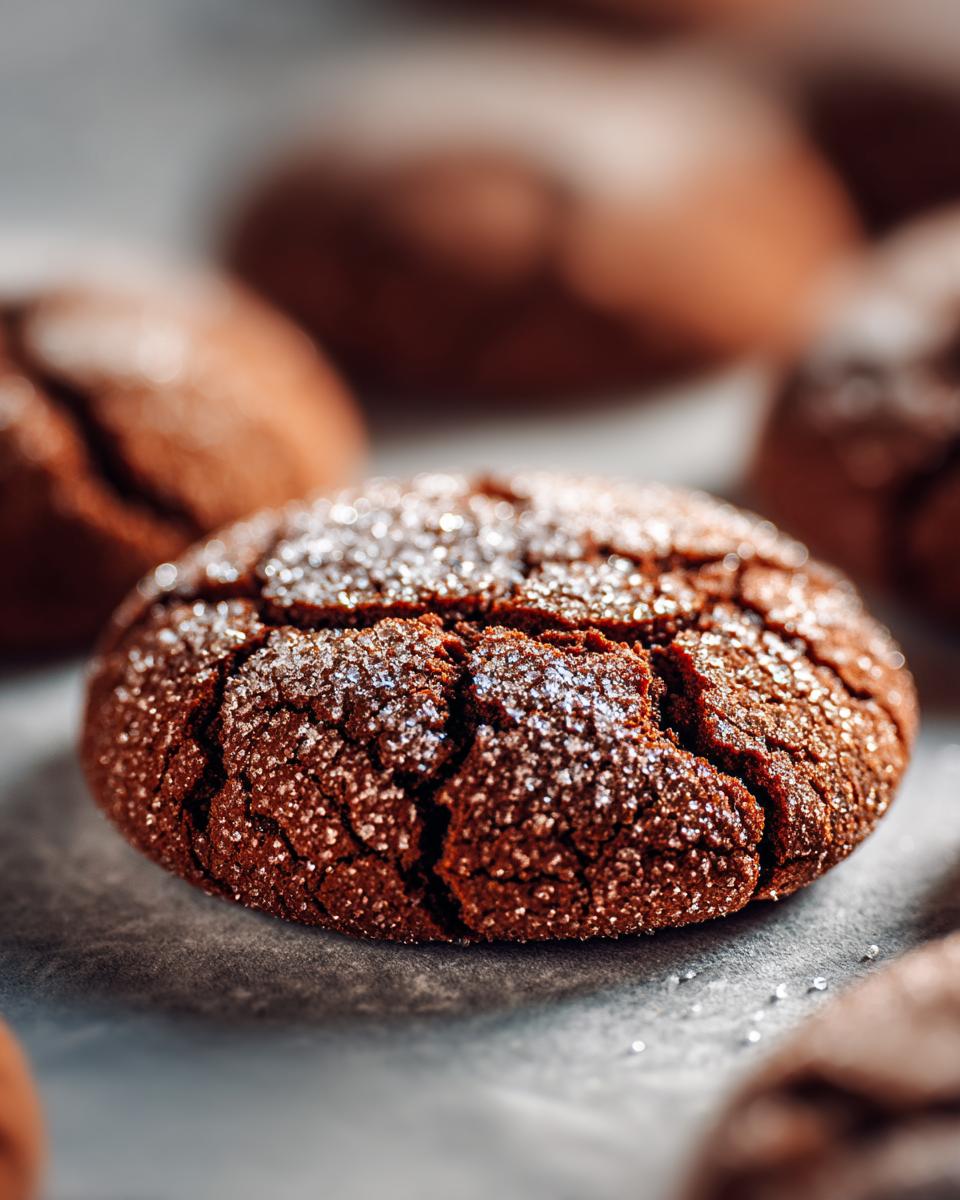 Close-up of a cracked molasses cookie dusted with sugar, with other cookies blurred in the background.