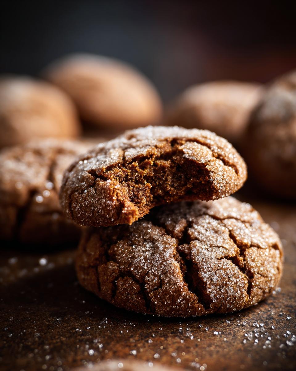 Close-up of two stacked molasses cookies, one with a bite taken out, coated in sugar.