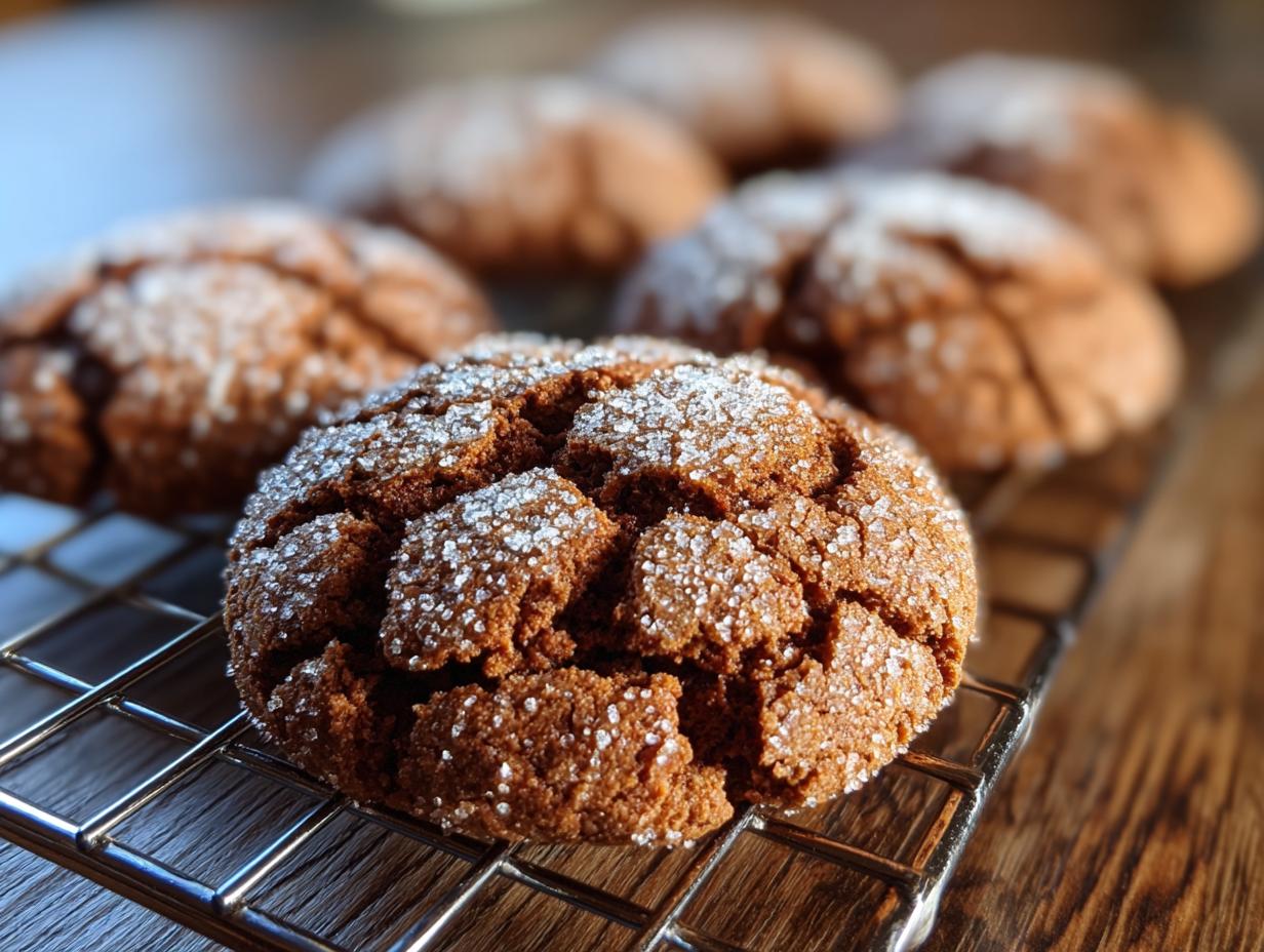 Close-up of freshly baked molasses cookies covered in sparkling sugar crystals on a cooling rack.