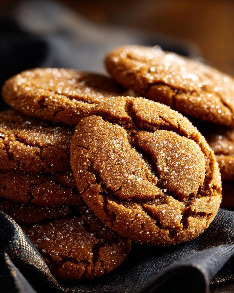 A close-up of a stack of chewy molasses cookies, coated in sparkling sugar crystals.
