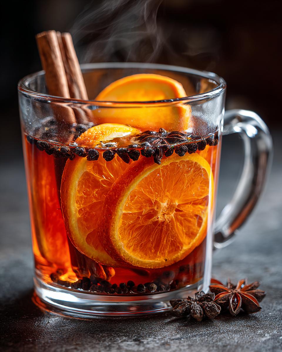 A steaming mug of mulled cider with orange slices, cinnamon sticks, star anise, and cloves.
