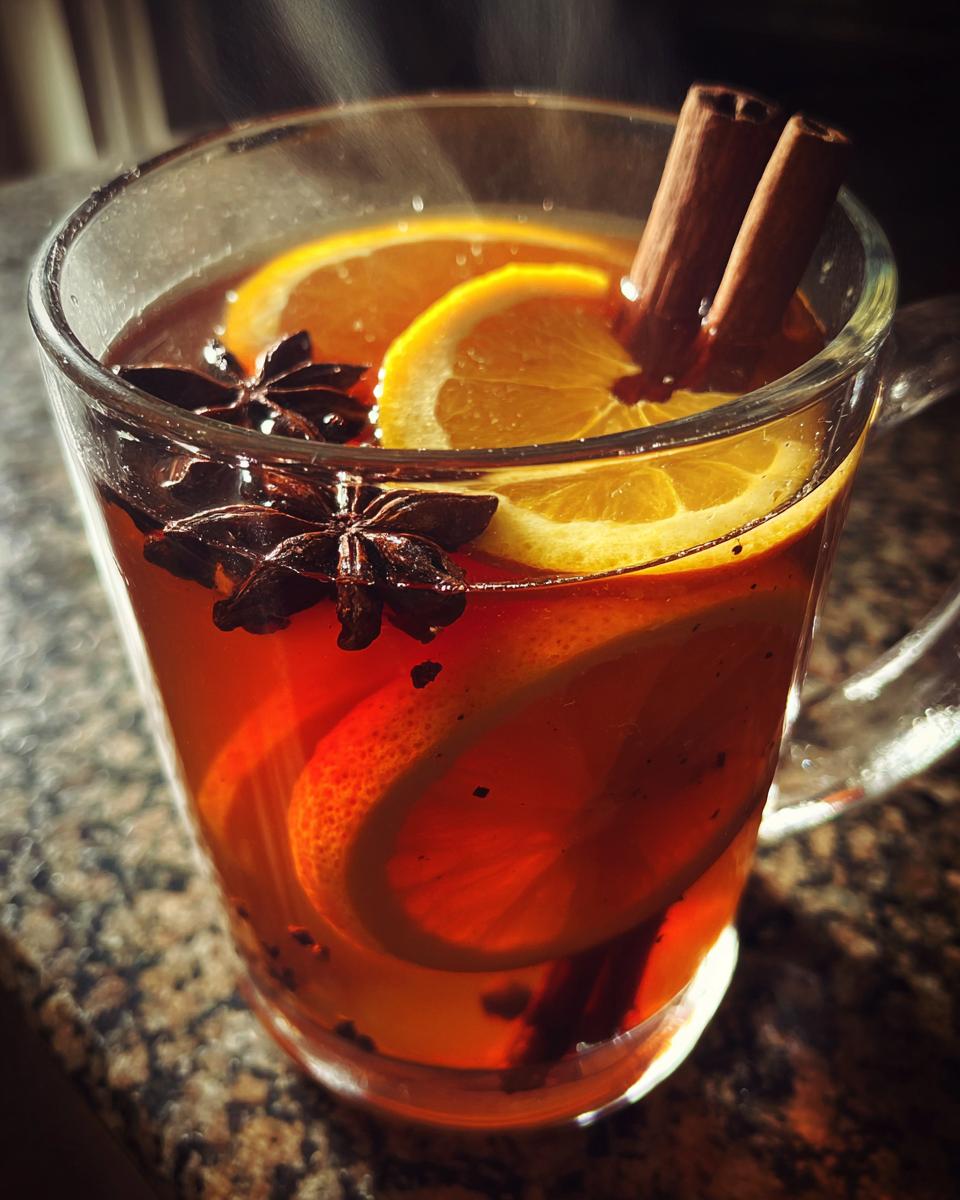 A steaming mug of mulled cider with orange slices, star anise, and cinnamon sticks.