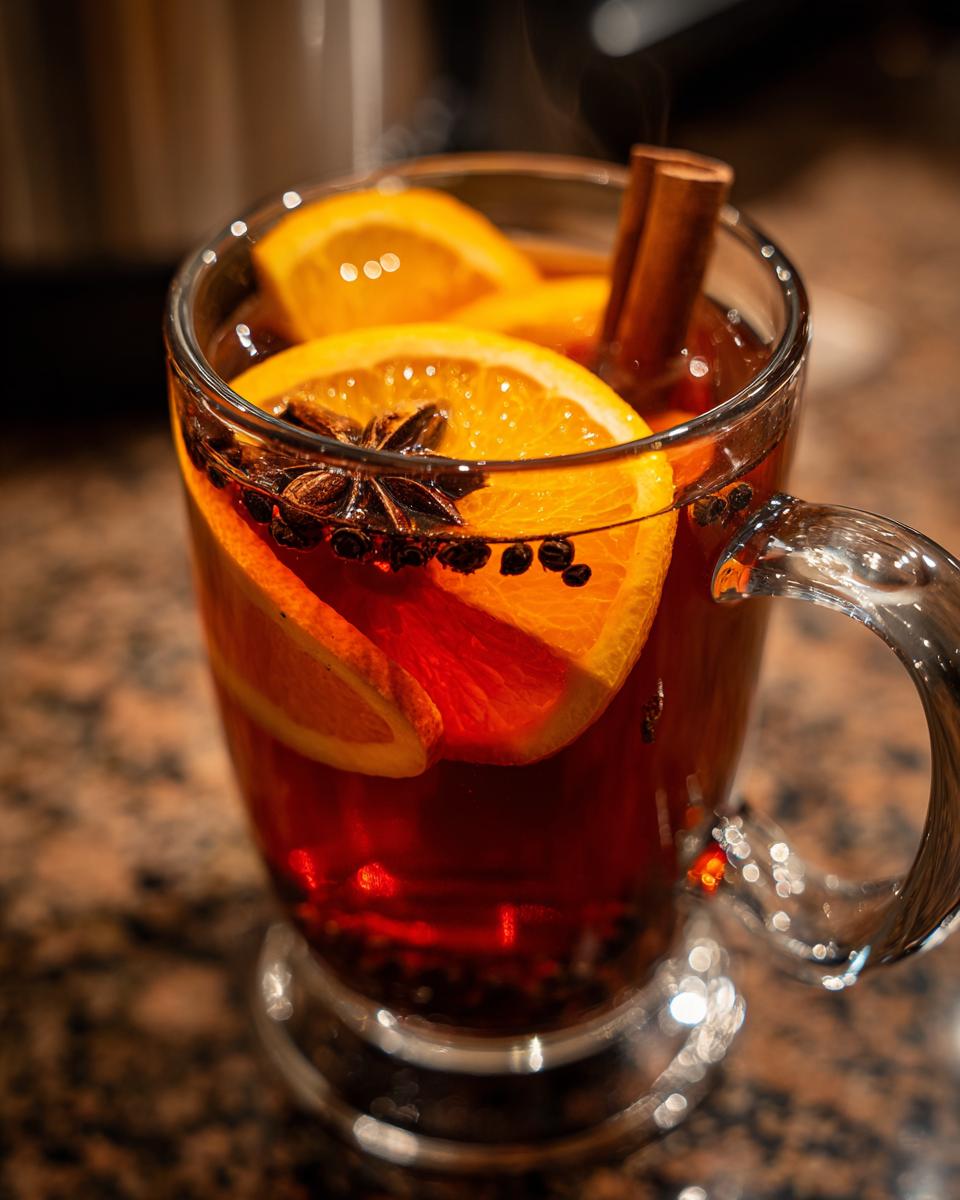 A steaming mug of mulled cider, garnished with orange slices, star anise, cinnamon sticks, and whole cloves.