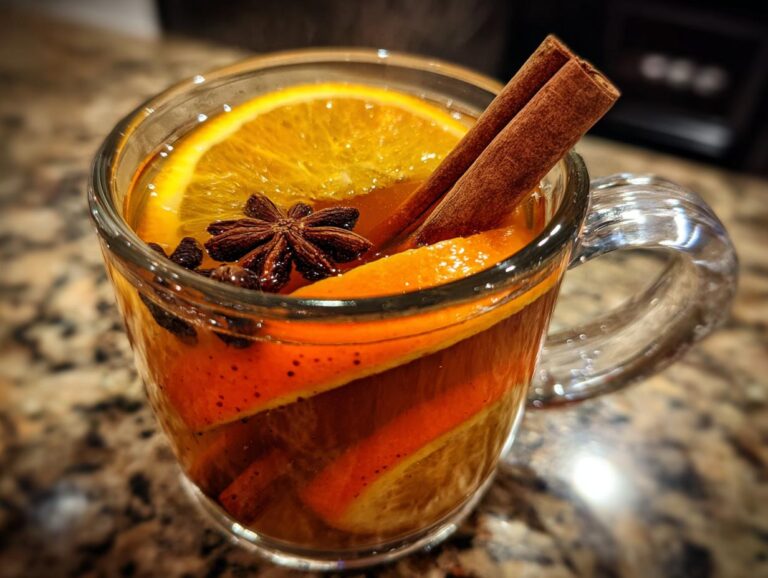 A steaming mug of mulled cider, garnished with orange slices, cinnamon sticks, and star anise.