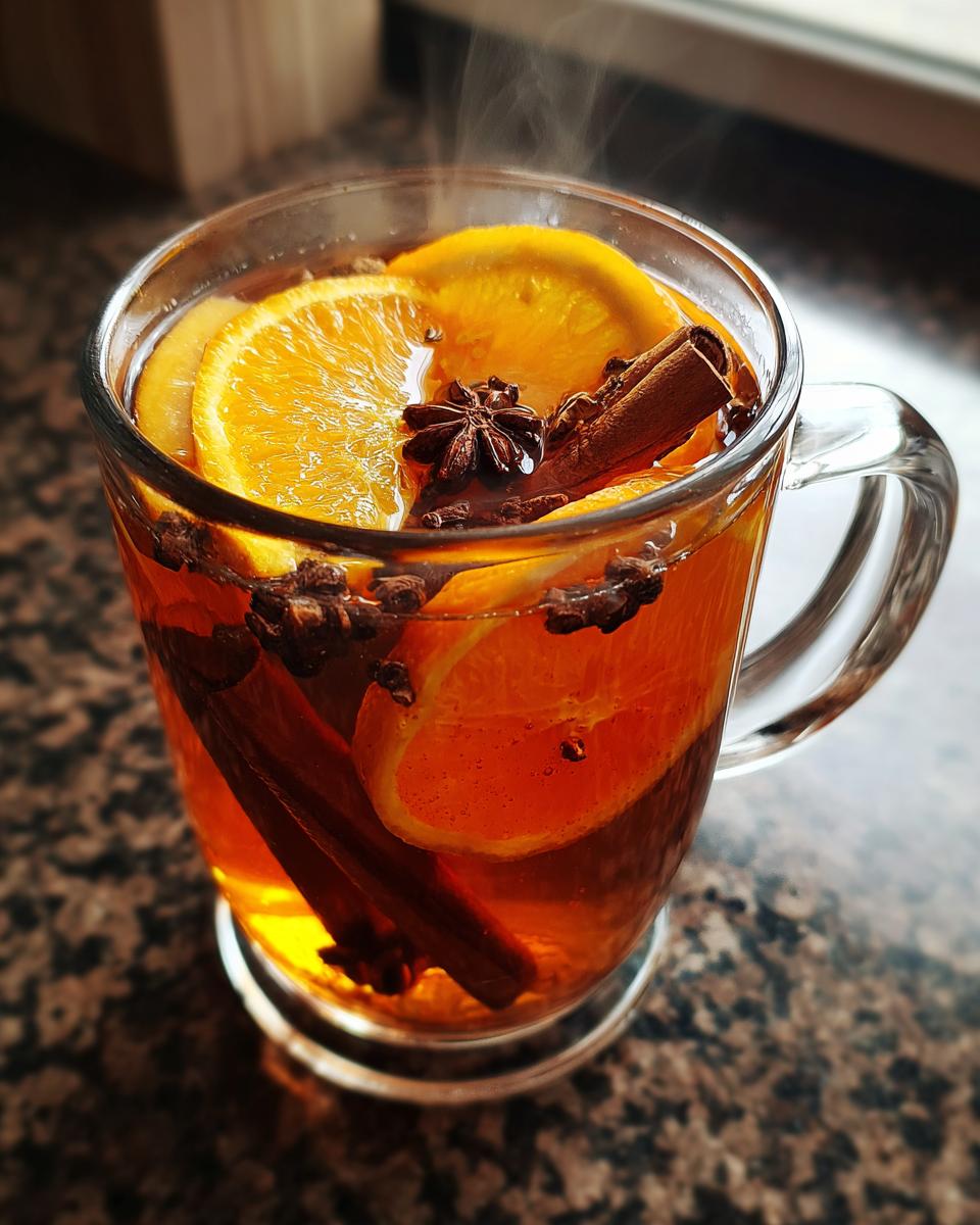 A clear mug filled with steaming mulled cider, garnished with orange slices, cinnamon sticks, star anise, and cloves.