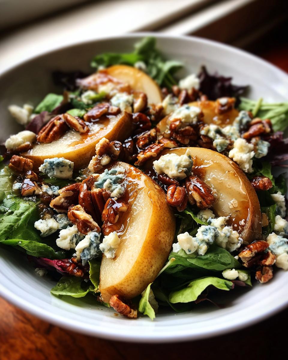 A close-up of a refreshing pear salad featuring sliced pears, crumbled blue cheese, and toasted pecans on a bed of mixed greens.