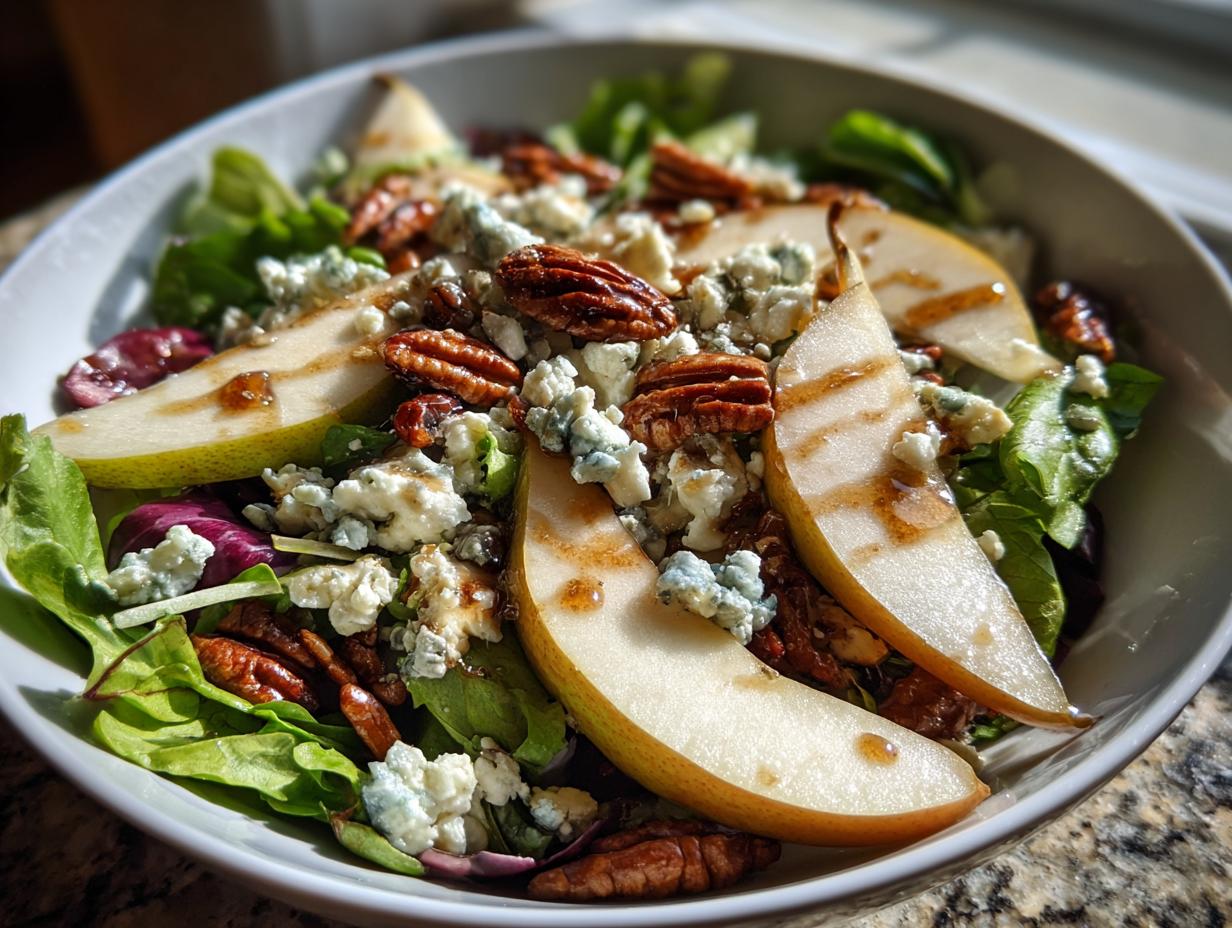 A close-up of a refreshing pear salad featuring sliced pears, pecans, crumbled blue cheese, and mixed greens.