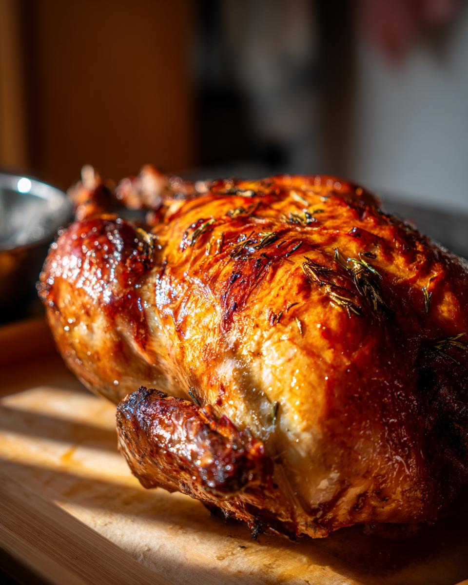 Close-up of a perfectly roasted duck with glistening, crispy skin and visible herbs.