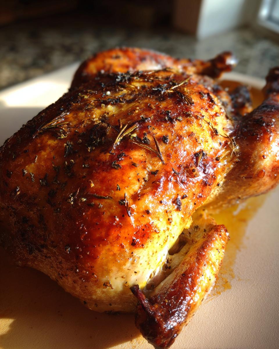 Close-up of a perfectly roasted duck with crispy, golden-brown skin seasoned with herbs.