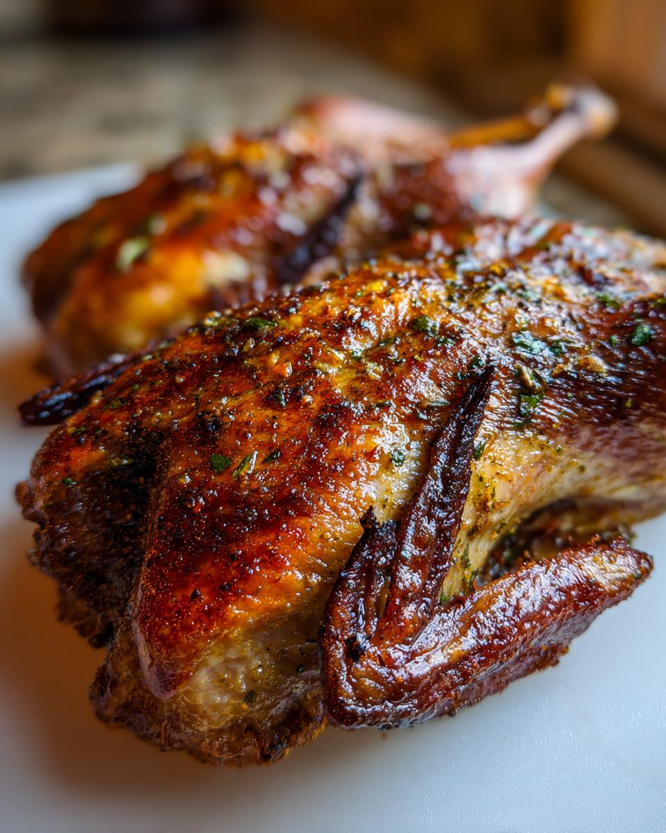 Close-up of a perfectly roasted duck with golden-brown, crispy skin, seasoned with herbs.