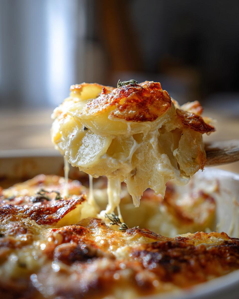 A serving spoon lifts a portion of golden-brown, cheesy scalloped potatoes, showing creamy layers and melted cheese.