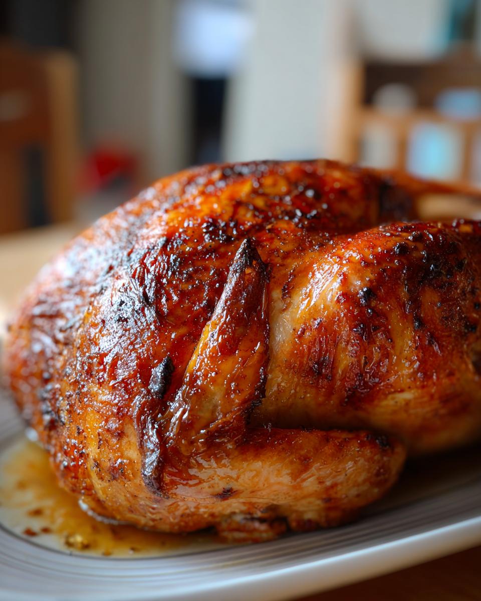 A perfectly cooked, golden-brown smoked turkey on a platter, glistening with juices.