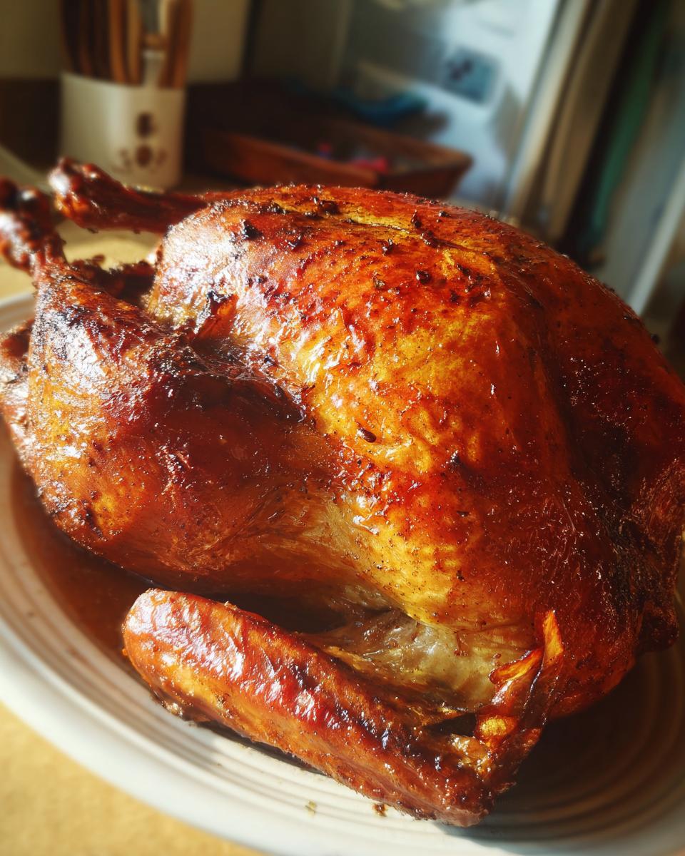 A perfectly roasted, golden-brown smoked turkey on a platter, ready to be carved.