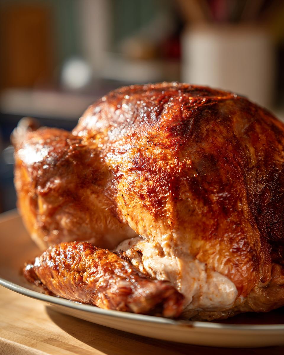 A perfectly roasted and juicy smoked turkey on a platter, ready to be carved.