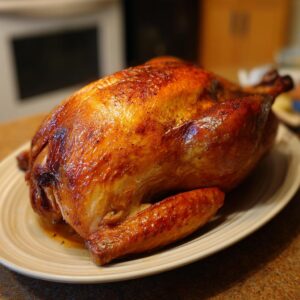 A perfectly cooked, golden-brown smoked turkey resting on a white platter, ready to serve.