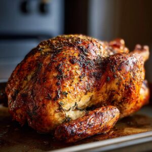 A perfectly roasted spatchcock turkey, glistening with herbs and spices, ready to be served.