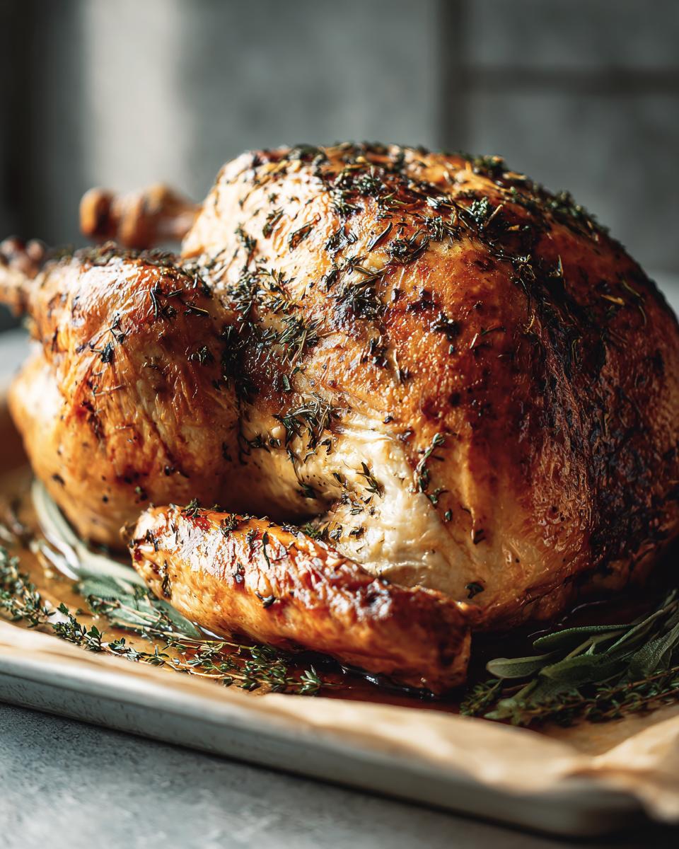 A golden-brown, perfectly roasted spatchcock turkey seasoned with fresh herbs, resting on a baking sheet.