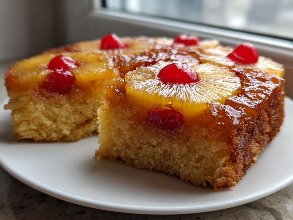 A square slice of moist pineapple upside down cake topped with caramelized pineapple rings and maraschino cherries.