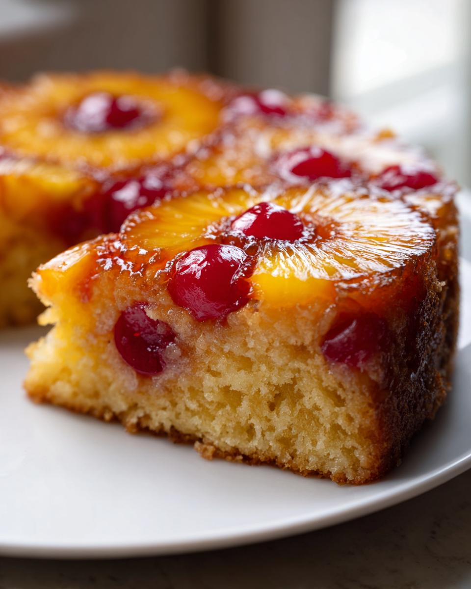 A close-up of a moist slice of pineapple upside down cake topped with caramelized pineapple rings and bright red cherries.