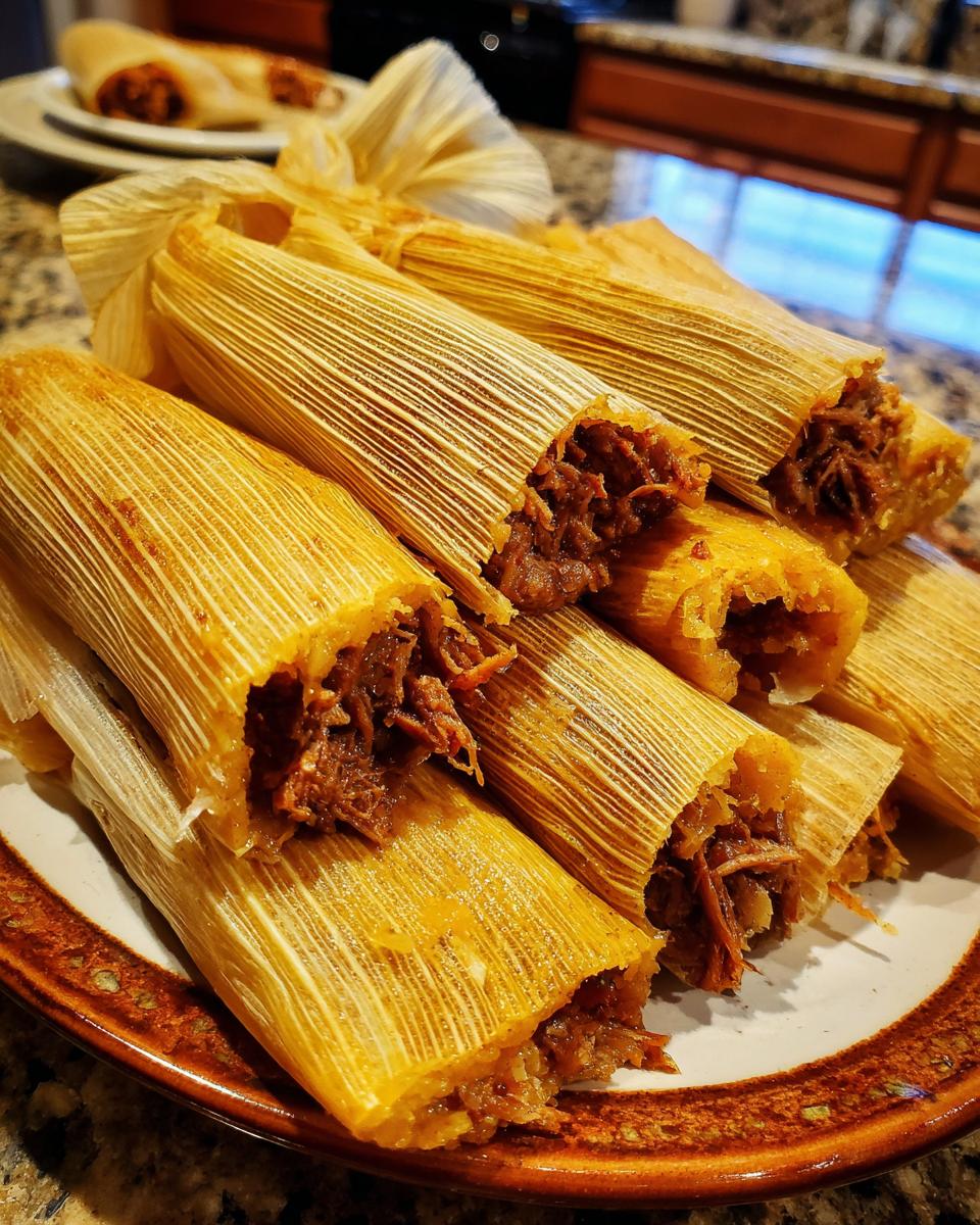 A close-up of a plate piled high with tender pork tamales, some unwrapped to reveal the savory filling.