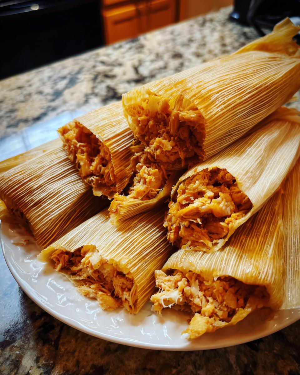 A close-up of several tender pork tamales, partially unwrapped to reveal the savory filling.