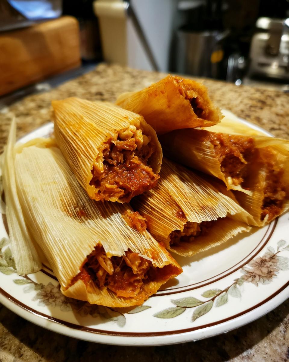 A close-up of several tender pork tamales, unwrapped to reveal the savory filling inside, arranged on a decorative plate.