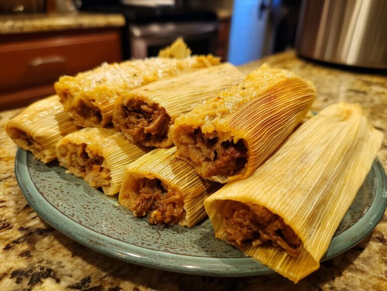 A plate piled high with tender pork tamales, wrapped in corn husks, ready to be enjoyed.