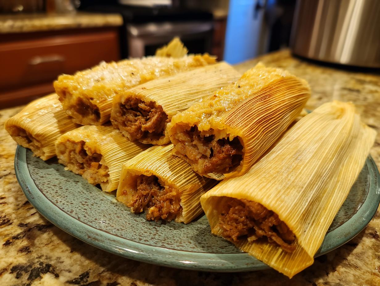 A plate piled high with tender pork tamales, wrapped in corn husks, ready to be enjoyed.