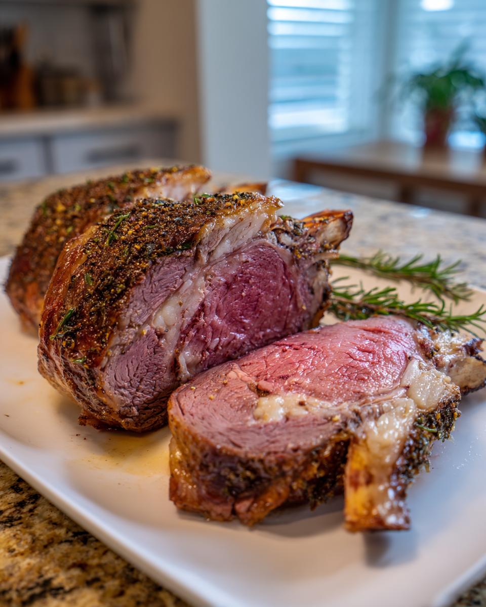 A perfectly cooked prime rib roast, sliced to reveal a juicy, pink center and a flavorful crust.
