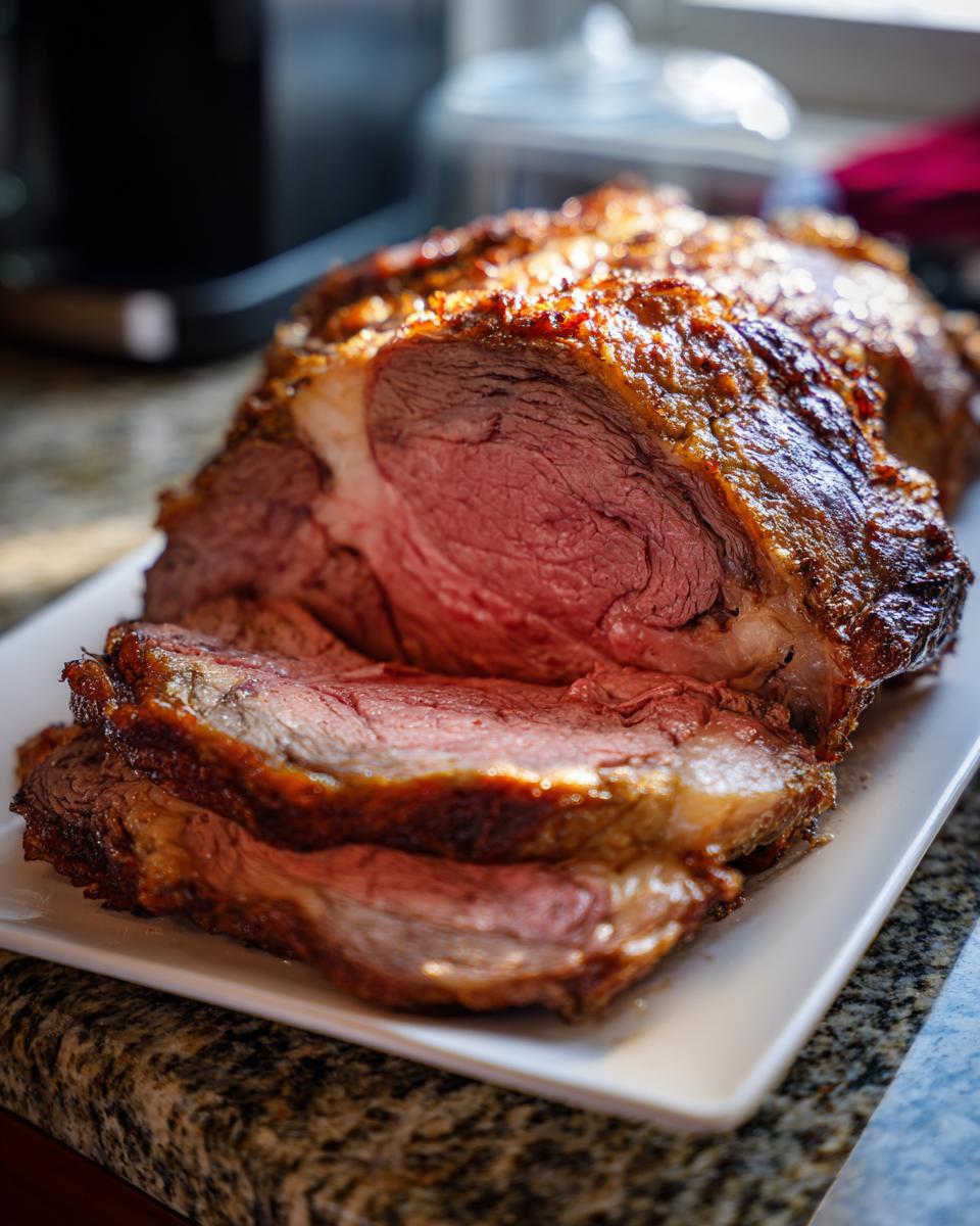 A beautifully roasted prime rib roast, sliced to reveal a juicy pink center and a golden-brown crust.
