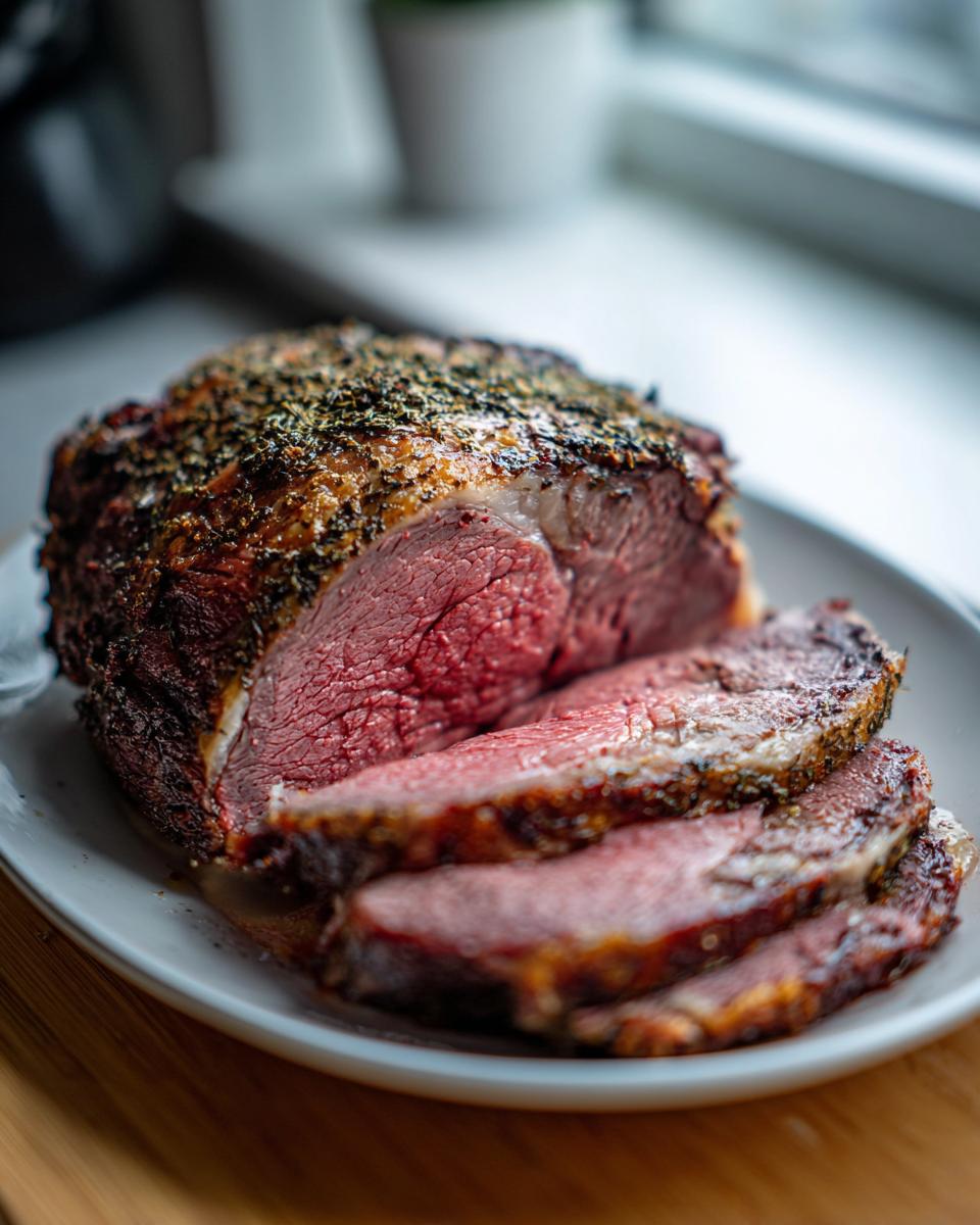 A perfectly cooked prime rib roast, sliced to reveal a juicy, pink center and a beautifully browned crust.
