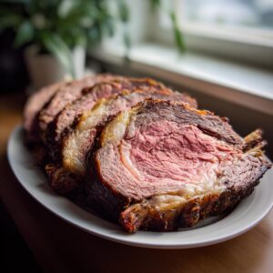 Close-up of perfectly cooked, sliced prime rib roast with a pink, juicy center and a browned crust.