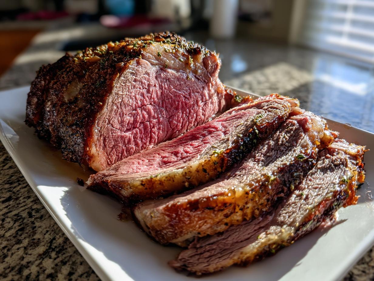 A juicy and tender prime rib roast, sliced to reveal its pink, medium-rare interior and seasoned crust.