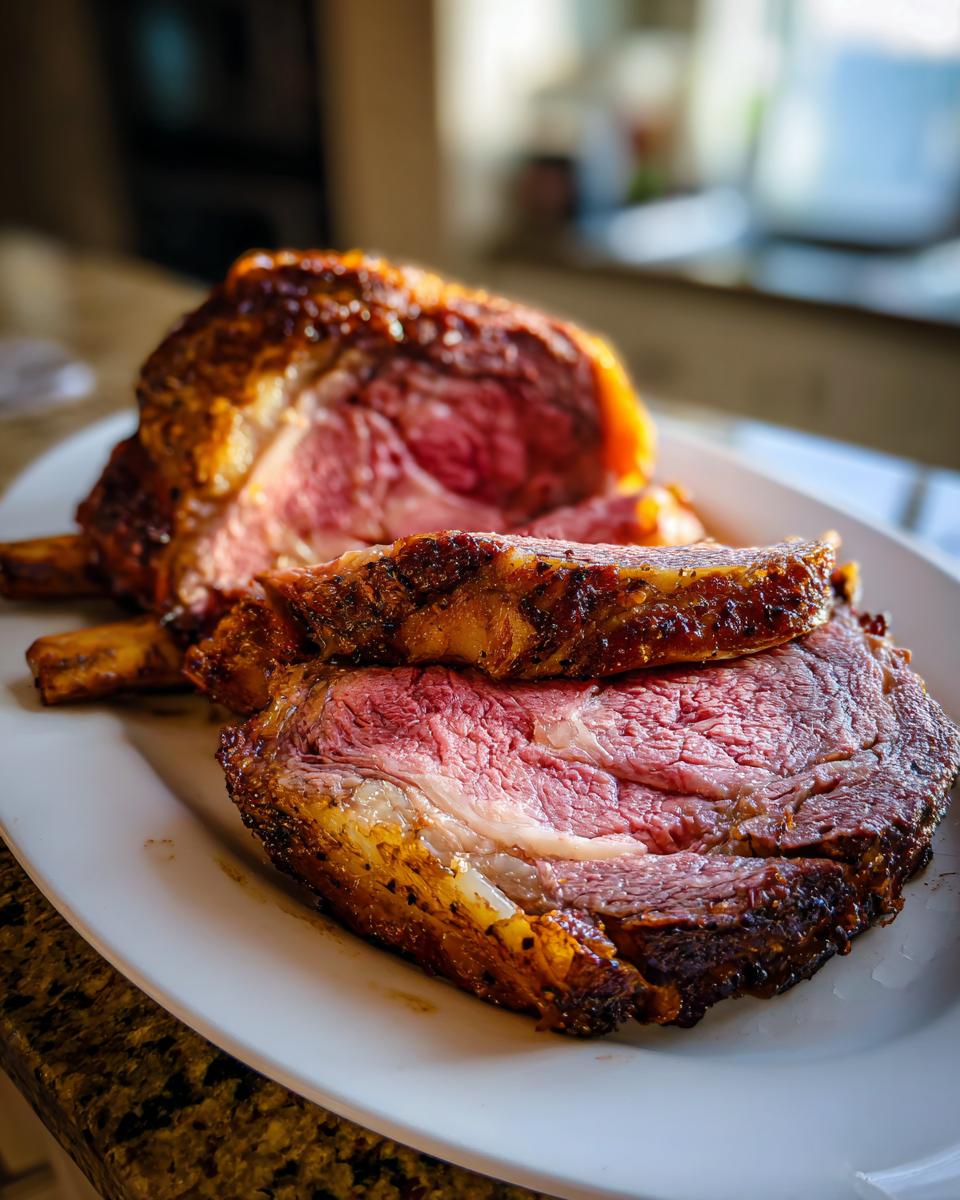 Close-up of perfectly cooked, juicy prime rib roast slices on a white platter, showcasing the pink interior and browned crust.