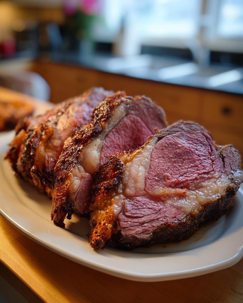 Close-up of perfectly cooked, juicy prime rib roast slices with a browned crust on a white plate.