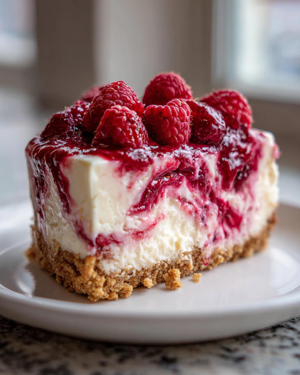 A close-up of a delicious slice of raspberry cheesecake with a graham cracker crust and fresh raspberries on top.