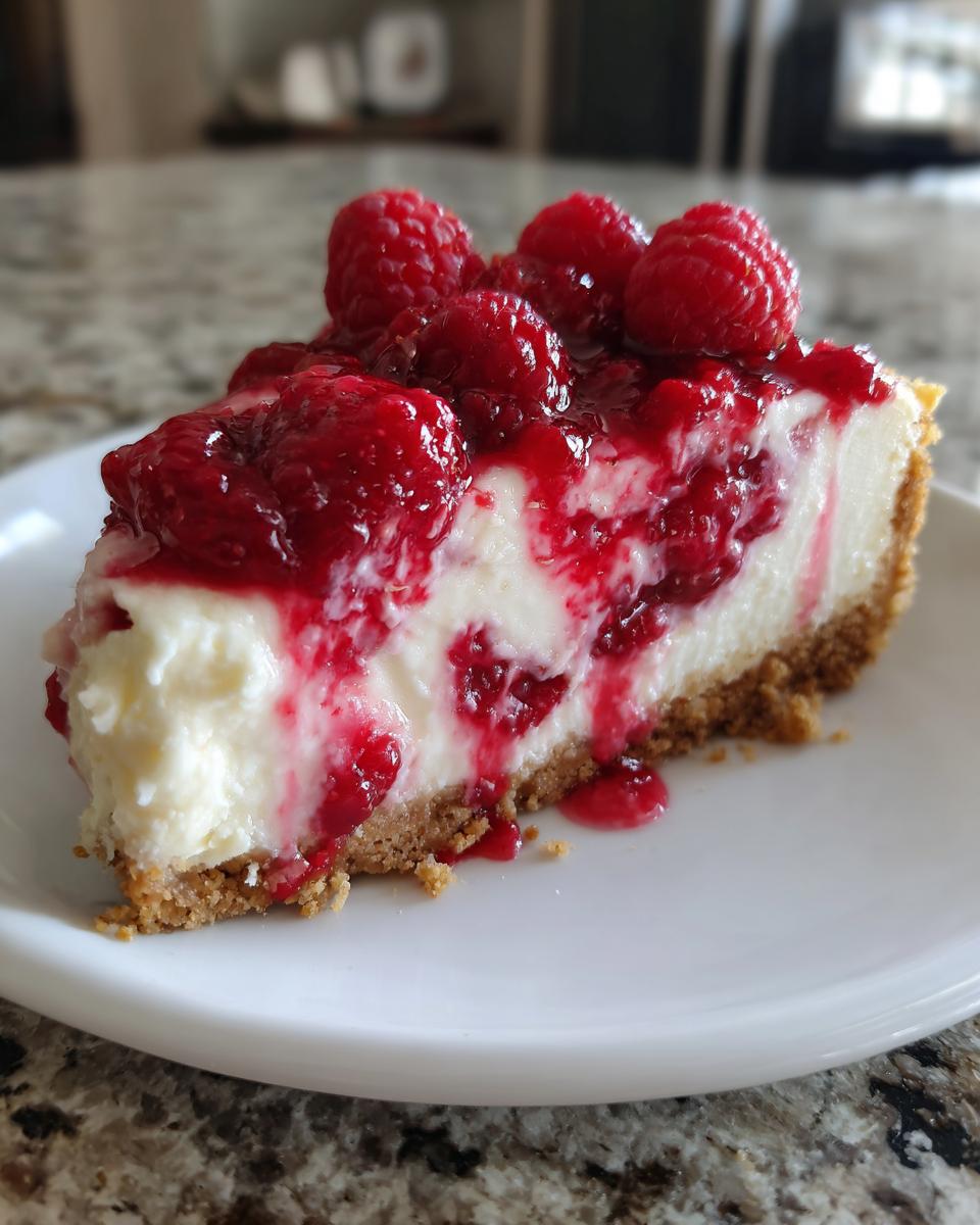 A close-up shot of a single slice of creamy raspberry cheesecake topped with fresh raspberries and sauce.