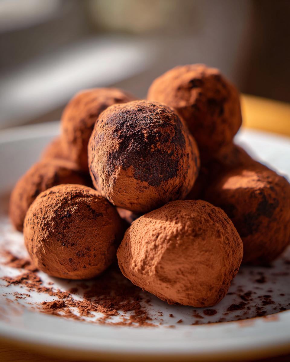 A pile of rich chocolate truffles generously dusted with cocoa powder on a white plate.