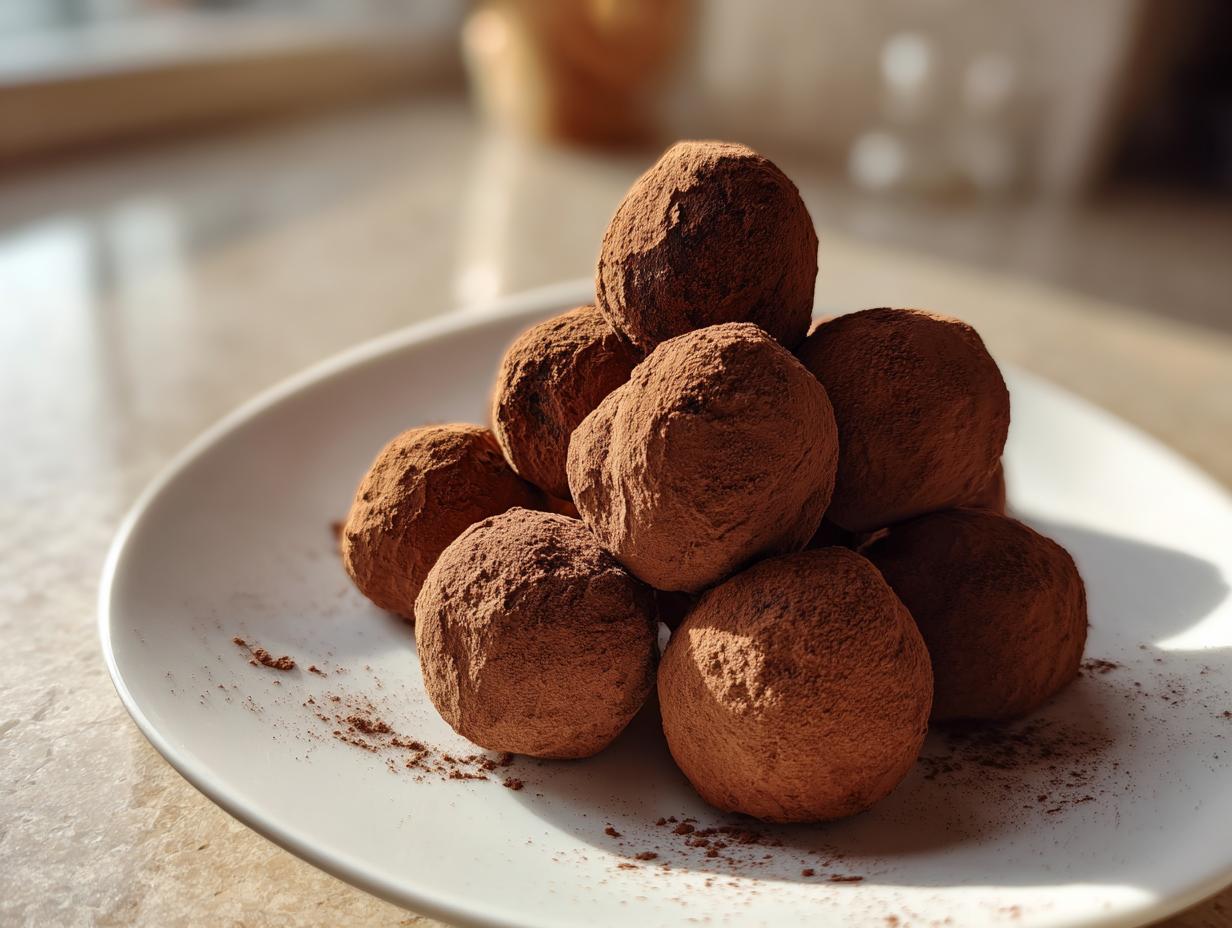 A pile of rich chocolate truffles dusted with cocoa powder on a white plate.