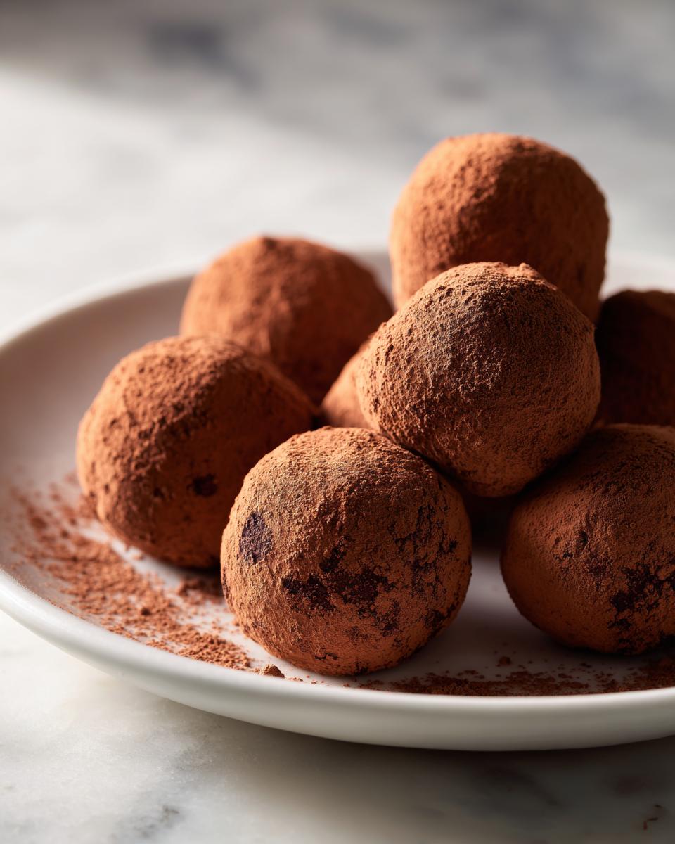 A pile of rich chocolate truffles generously dusted with cocoa powder, resting on a white plate.
