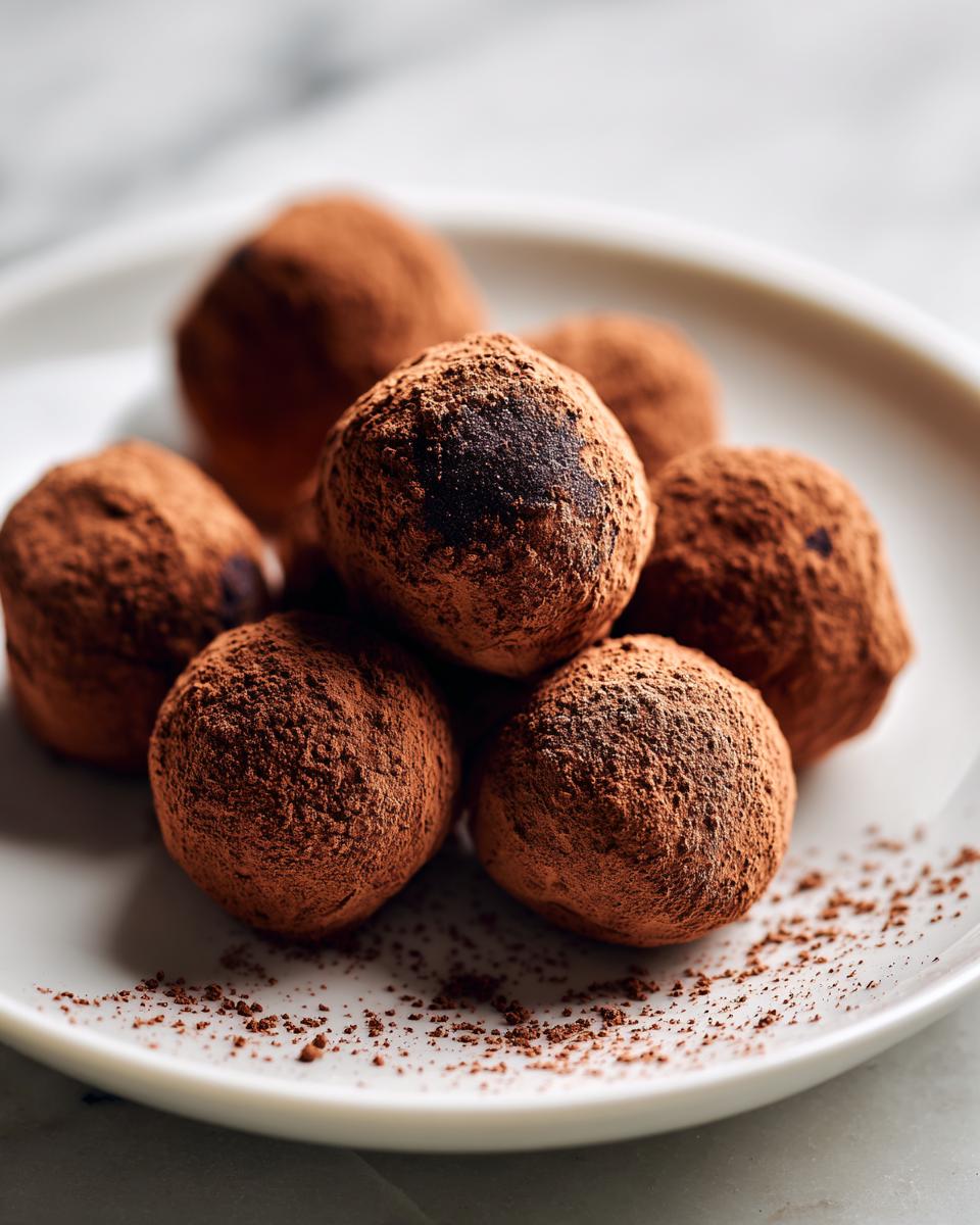 A pile of rich chocolate truffles dusted with cocoa powder on a white plate.