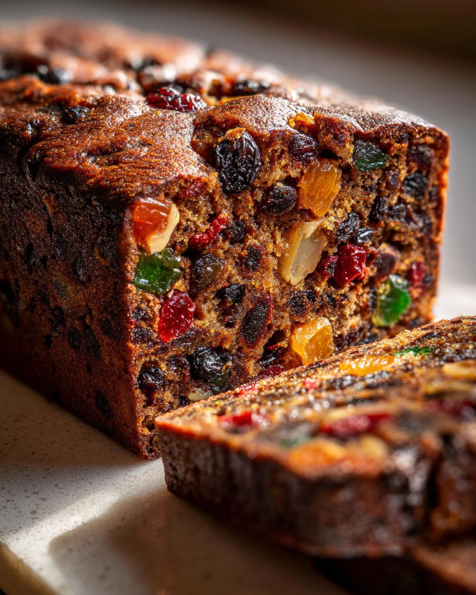 Close-up of a rich fruitcake, sliced to reveal abundant candied fruits and dark raisins within its moist crumb.